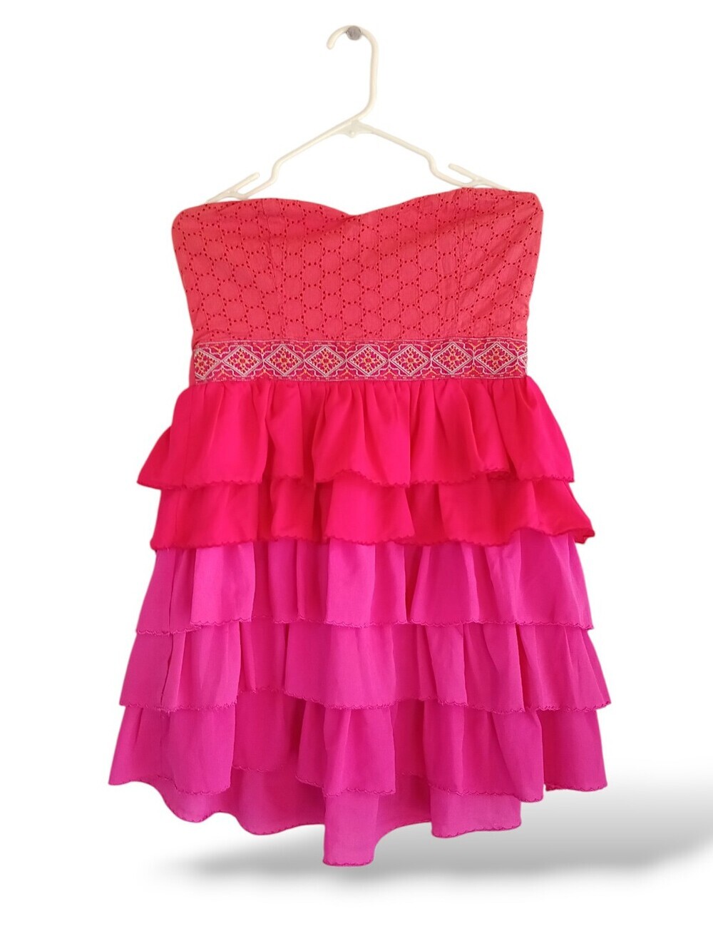 Flying Tomato Strapless Tiered Ruffle Dress Hot Pink Fuchsia Coral Eyelet Party